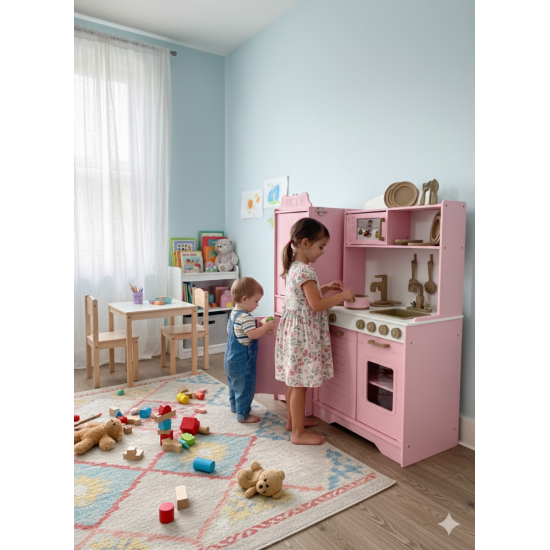 Özka Hobi Ahşap özka pembe buzdolaplı tencere ve tava setli mutfak seti