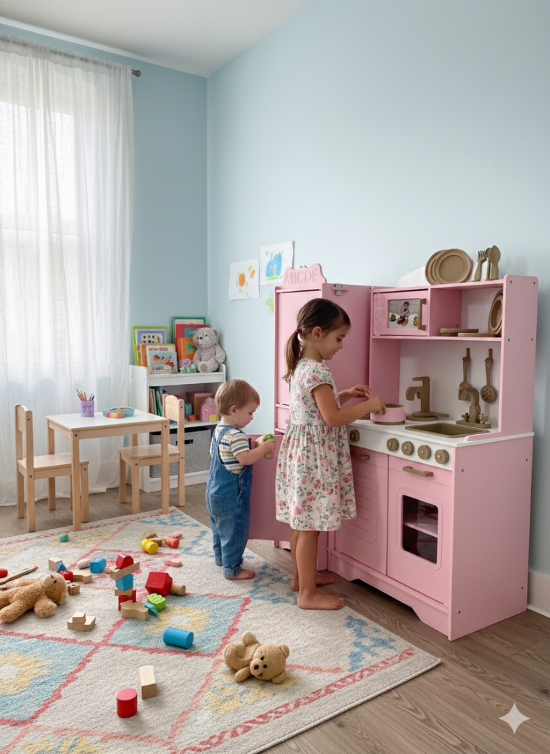 Özka Hobi Ahşap özka pembe buzdolaplı tencere ve tava setli mutfak