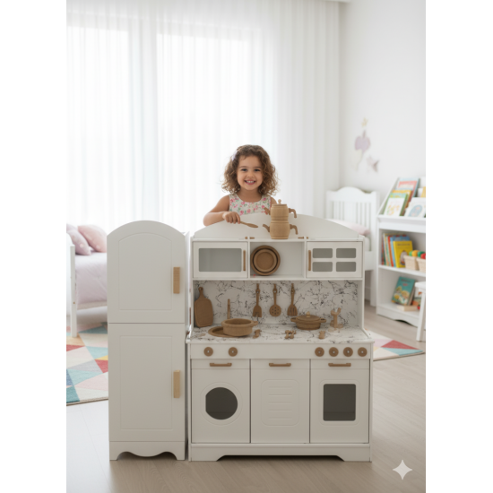 Özka Hobi Ahşap özka boyalı buzdolaplı mermer efekli mutfakseti(14 parça servis setive tencereve tava seti hediyeli)