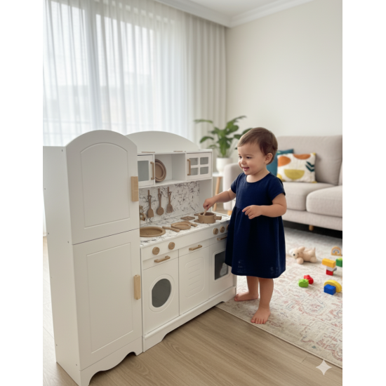 Özka Hobi Ahşap özka boyalı buzdolaplı mermer efektli mutfak seti (14 parça servis seti hediyeli)