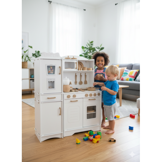 Özka Hobi Ahşap özka hobi oyuncak beyaz çekmeceli buzdolaplı tencere ve tava setli(14 parça servis seti hediyeli)