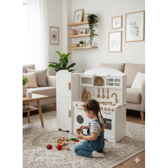 Özka Hobi Ahşap özka boyalı buzdolaplı mutfaks seti(14 parça servis seti hediyeli)