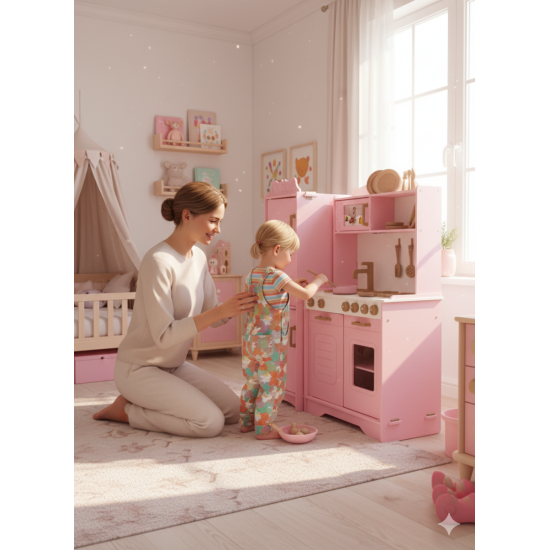 Özka Hobi Ahşap özka oyuncak pembe çekmeceli buzdolaplı tencere ve tava setli(14 parça servis seti hediyeli
