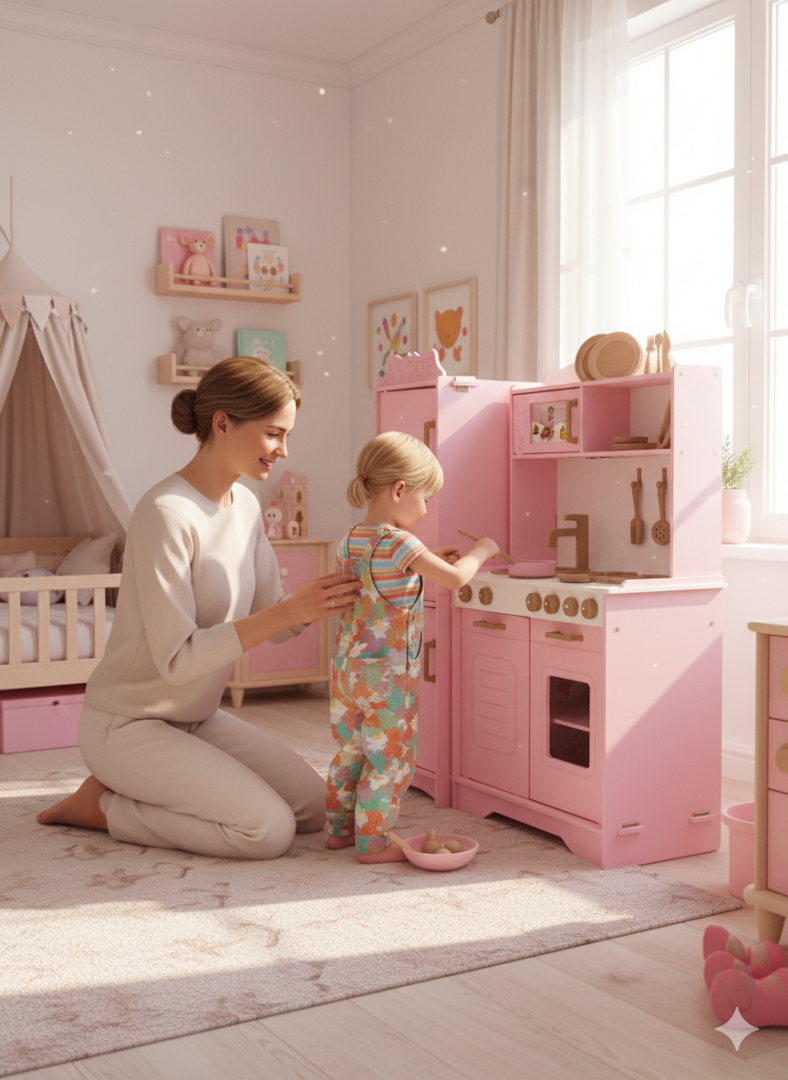Özka Hobi Ahşap özka oyuncak pembe çekmeceli buzdolaplı tencere ve