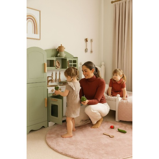 Özka Hobi Ahşap özka ıhlamur boyalı oyuncak çekmeceli buzdolaplı tencere ve tava setli(14 parça servis seti hediyeli