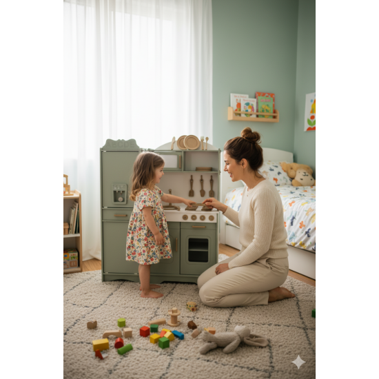 Özka Hobi Ahşap özka hobi oyuncak çekmeceli buzdolaplı 14 parça servis seti hediyeli