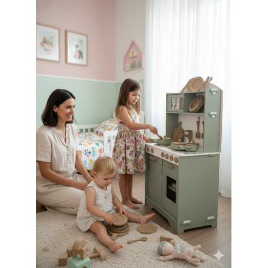 Özka Hobi Ahşap özka 14 parça servis seti hediyeli ıhlamur oyuncak tencere ve tava setli mutfak seti